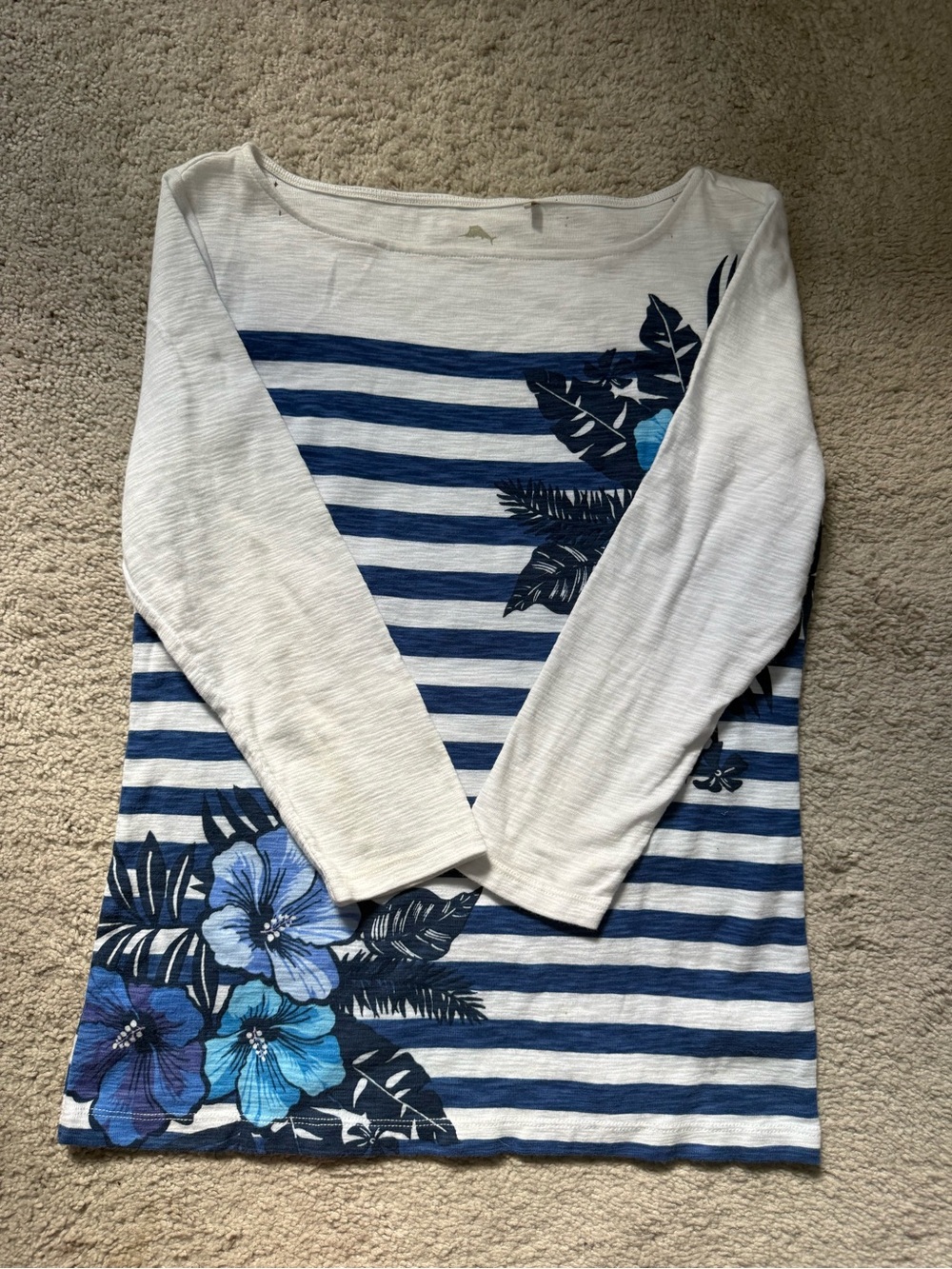Tommy Bahama White & Blue Striped Floral Long Sleeve Top